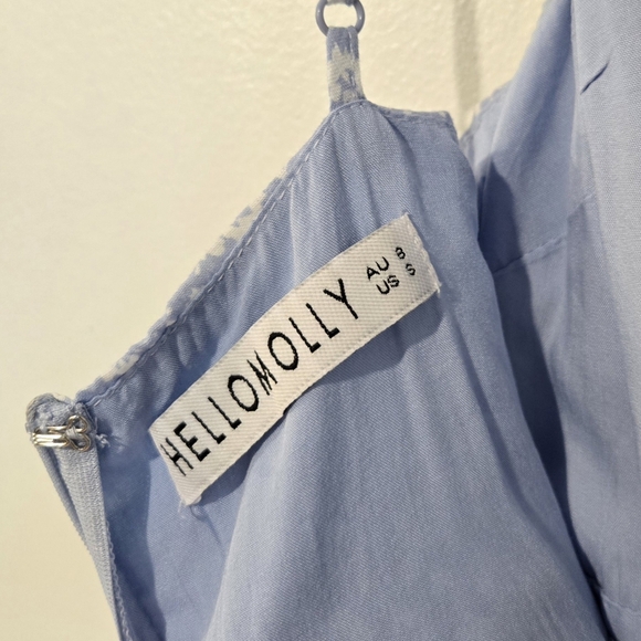 Hello Molly Mini Dress Blue White Floral Ruffle Crochet Size Small - Picture 7 of 7